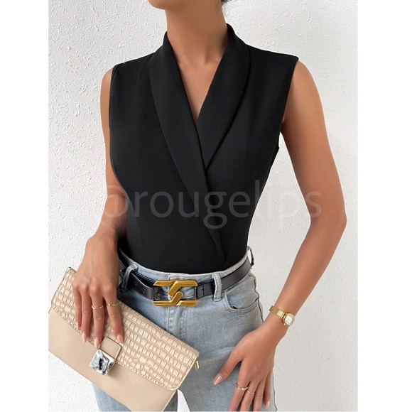 Black Bodysuit V-Neck Shawl Neck Collar Sleeveless - Picture 2 of 9